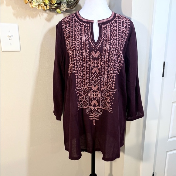 PURE J JILL Embroidered 100% Cotton V-Neck  Tunic in Berry-Inspired Açaí Sz M💚 - Picture 10 of 11